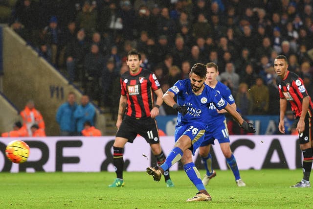Riyad Mahrez misses from the spot for Leicester against Bournemouth