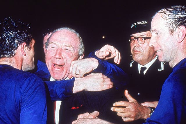 Matt Busby celebrates United’s 4-1 victory over Benfica in the European Cup final in 1968