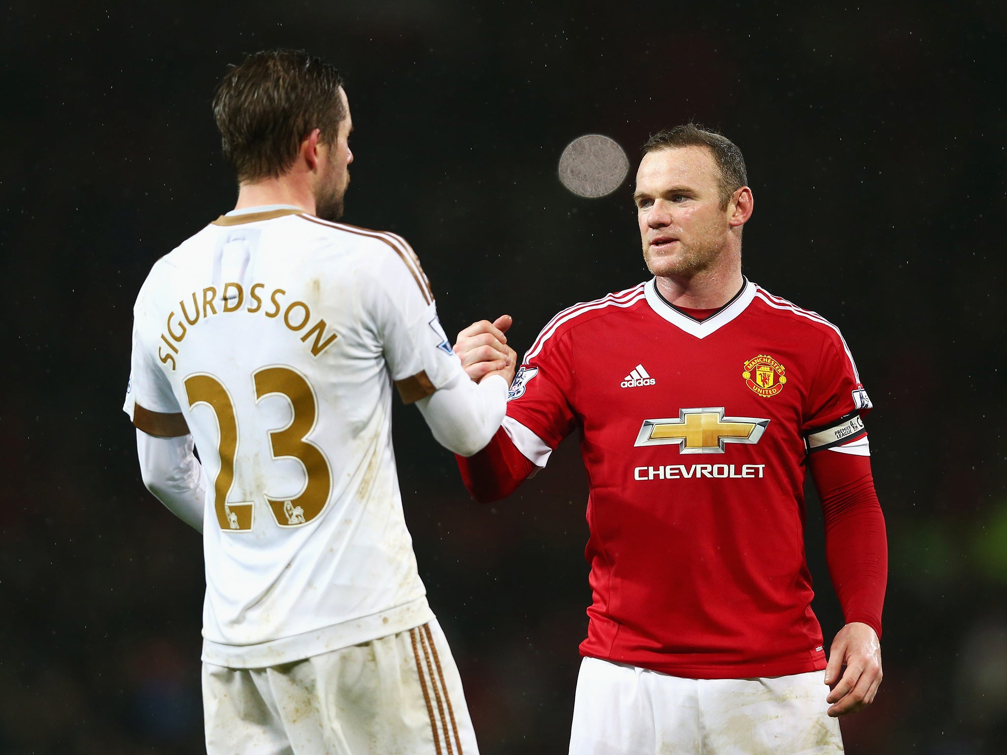 Gylfi Sigurdsson and Wayne Rooney congratulate each other after the narrow win for the home side