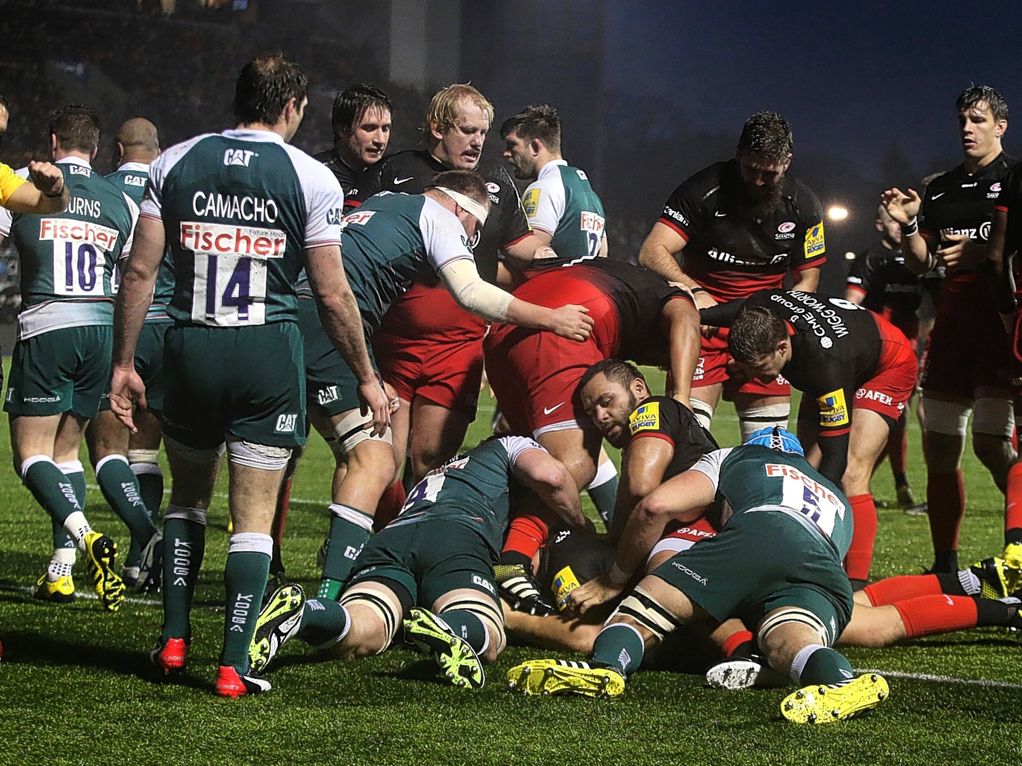 Sarries celebrate Jamie George’s try as the leaders chalked up a 15th straight win