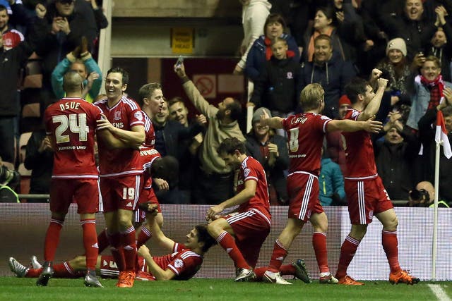 Middlesbrough players celebrate George Friend's goal