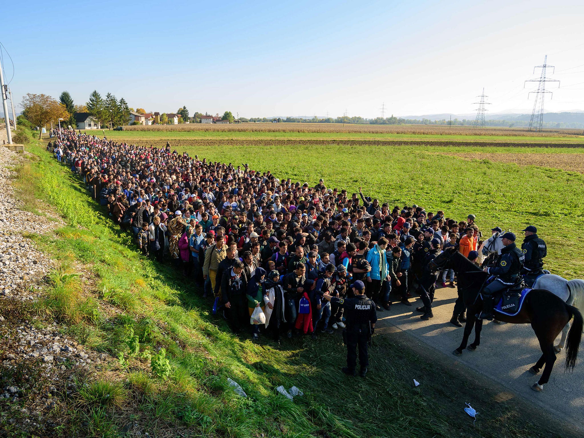 Refugees cross from Croatia to be escorted by Slovenian border police