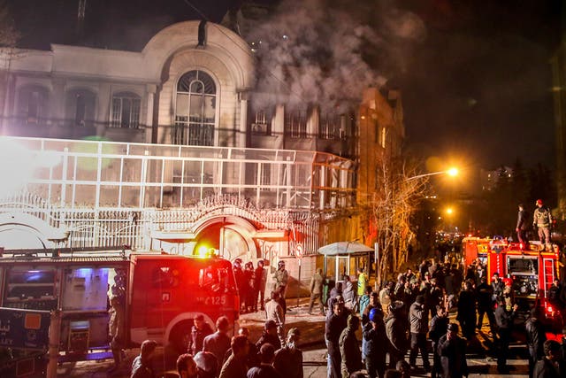 Iranian protesters set fire to the Saudi Embassy in Tehran during a demonstration against the execution of prominent Shiite Muslim cleric Nimr al-Nimr