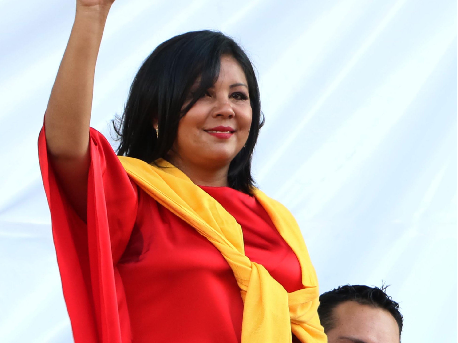 Gisela Mota waves during her swearing in ceremony as mayor of Temixco, Morelos State, Mexico