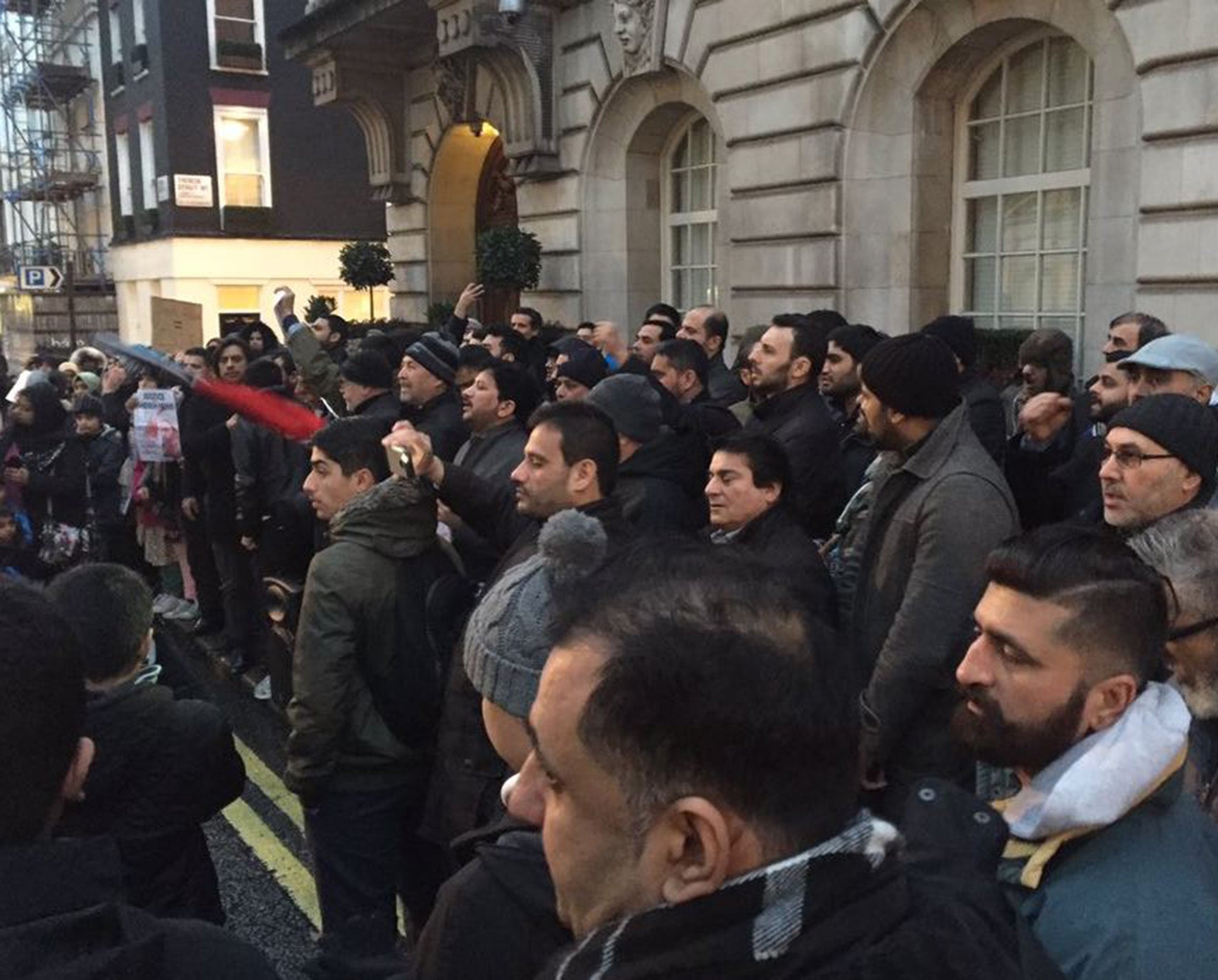 Protesters outside the Saudi embassy in Kensington, London demonstrating against the mass execution of 47 people