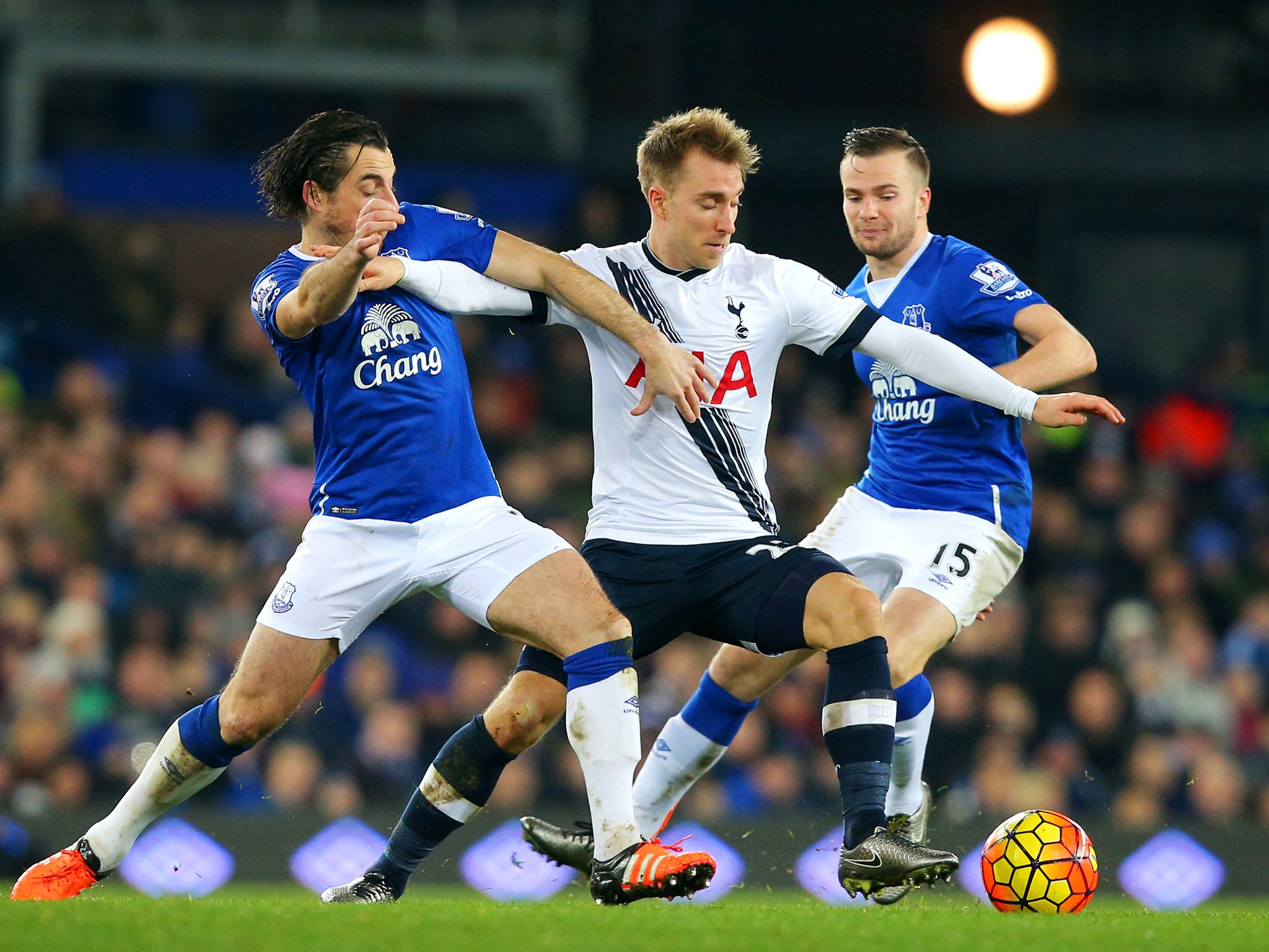 Christian Eriksen and Leighton Baines compete for the ball