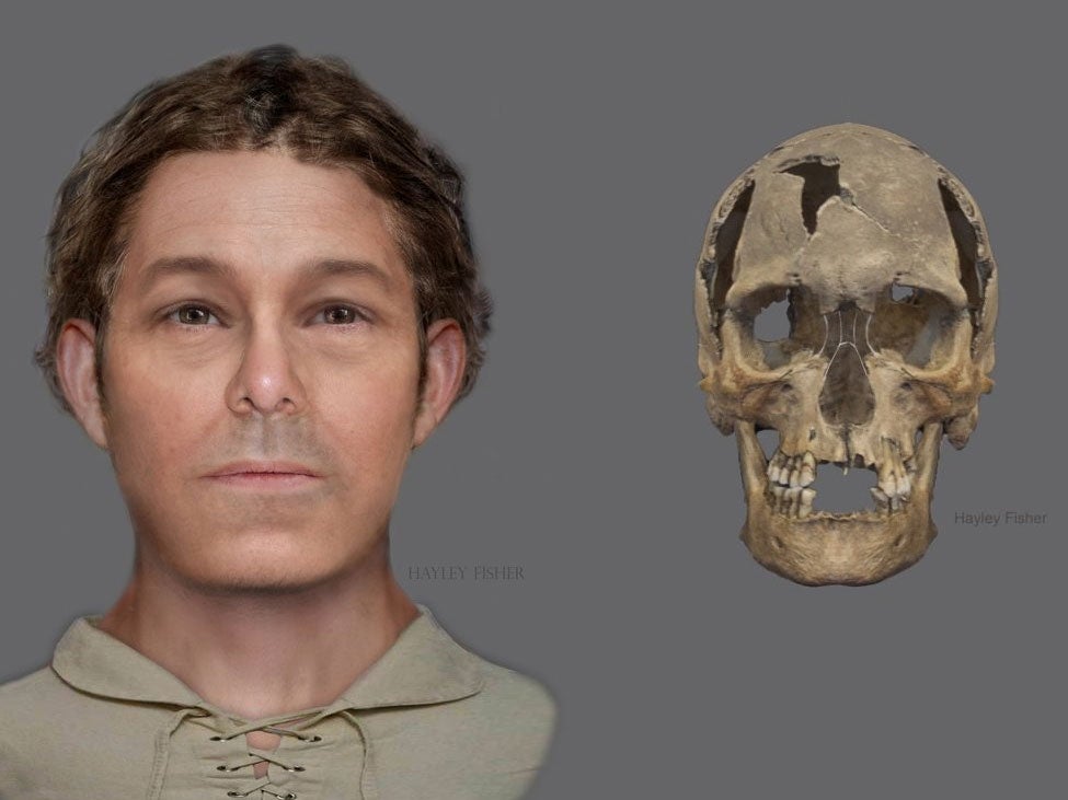 A reconstructed image of what the man could have looked like (left) and a digital image of the skull