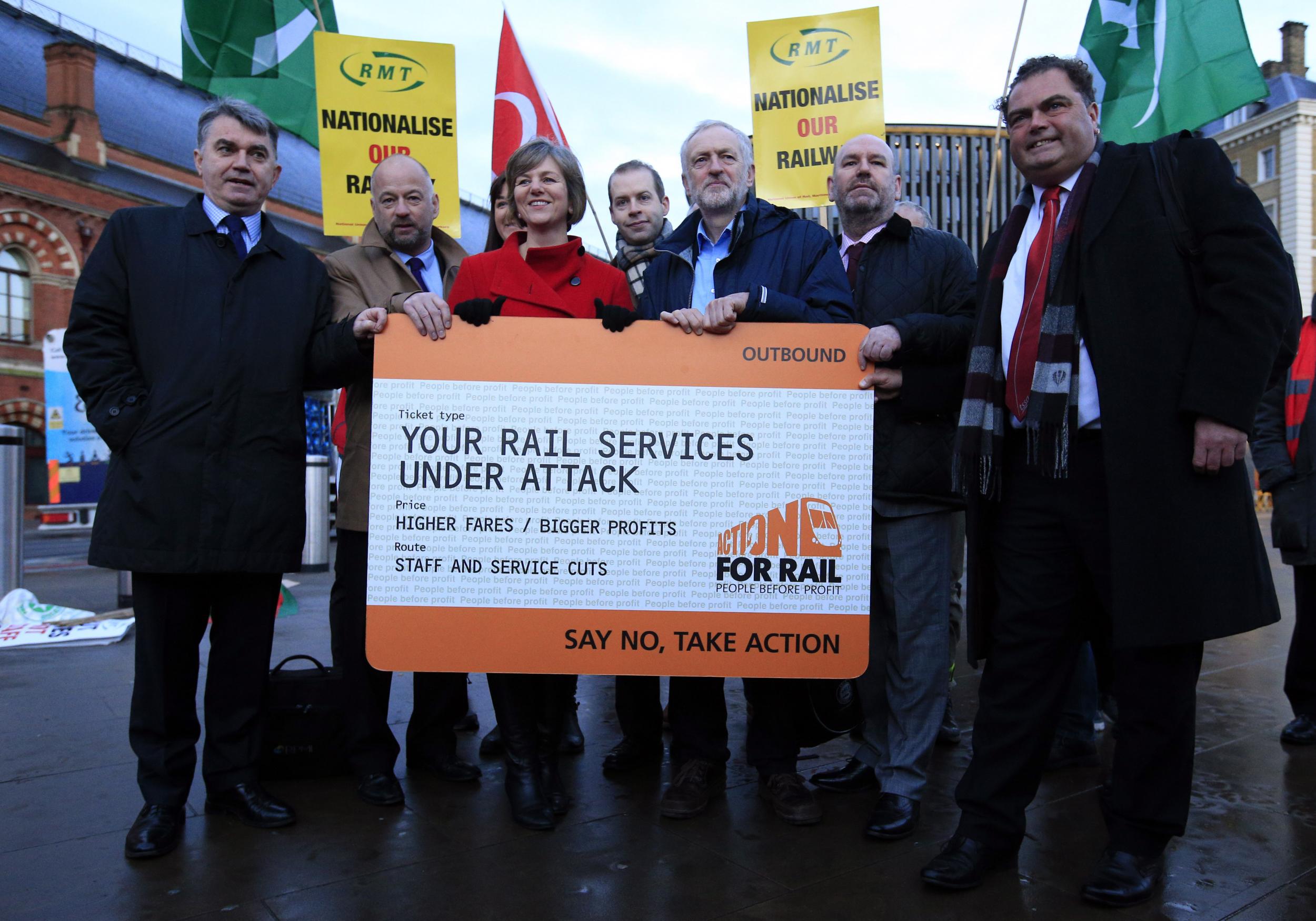 Jeremy Corbyn flanked by Shadow Transport Secretary Lillian Greenwood at the Rail Rip Off campaign