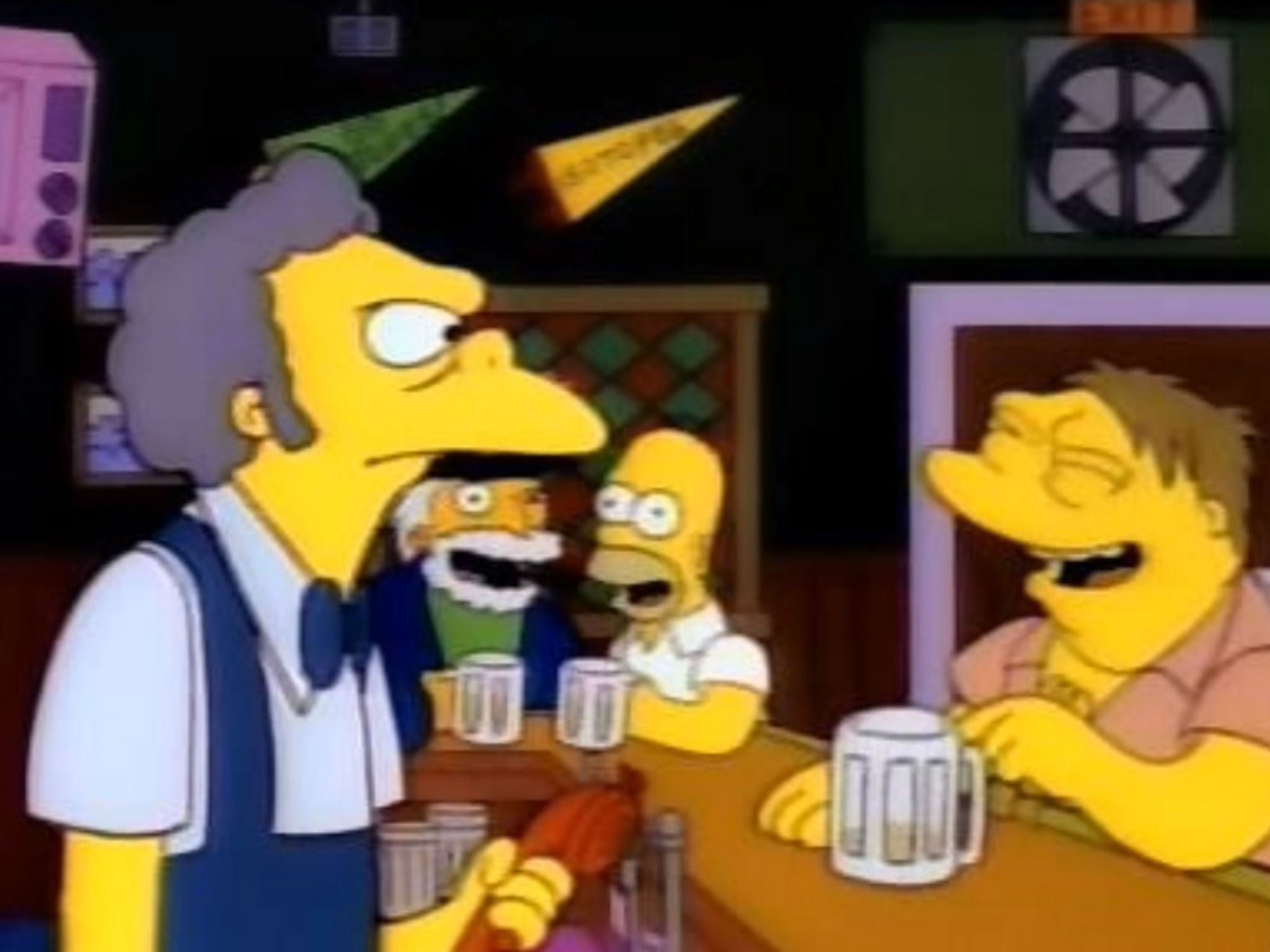 Moe's customers laugh at him after another of Bart's prank calls