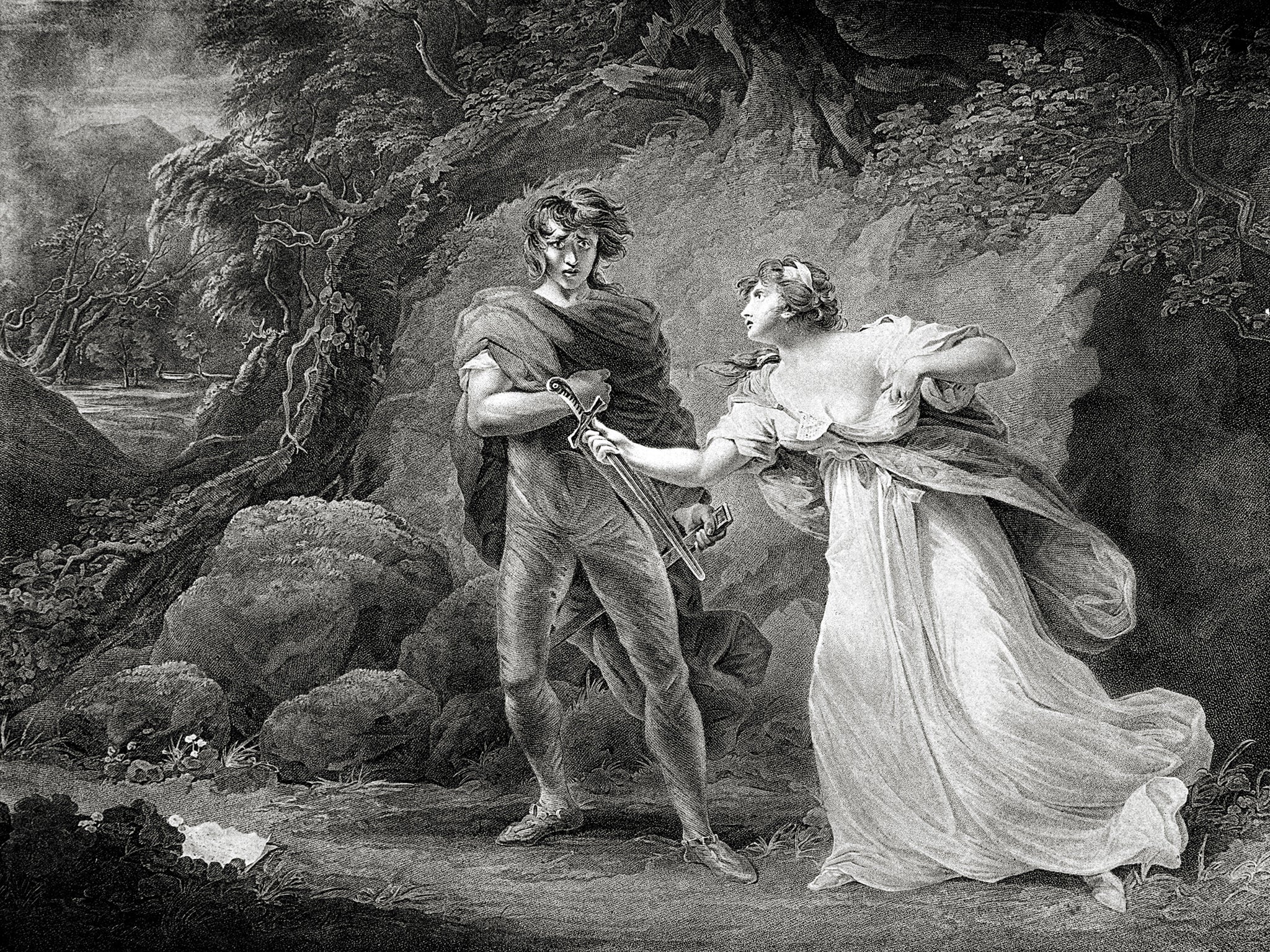 William Shakespeare 's play Cymbeline - Act III Scene IV: Pisanio and Imogen.