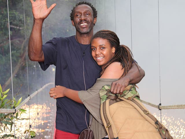 Linford Christie after being voted off I'm a Celebrity get me out of here, accompanied by daughter Brianna