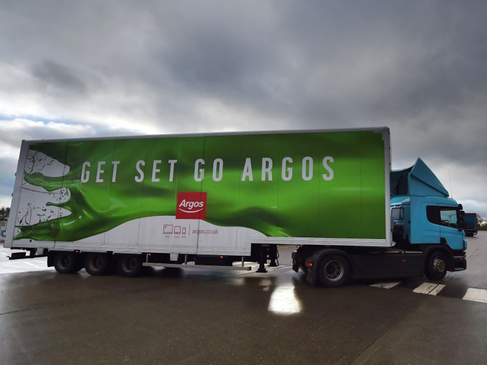 A truck arrives at the Argos Distribution Centre in Burton-upon-Trent, central England