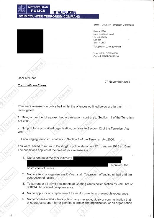 The letter sent by UK police weeks after Dhar had already left to go to Syria