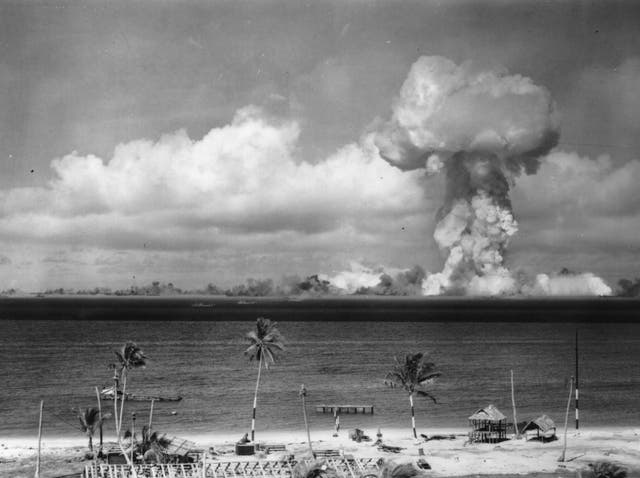 July 1946: A mushroom cloud forms after the initial Atomic Bomb test explosion off the coast of Bikini Atoll, Marshall Islands