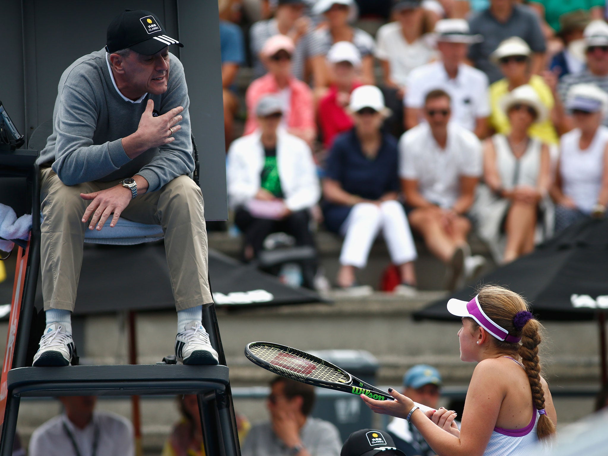 Jelena Ostapenko protests to the umpire