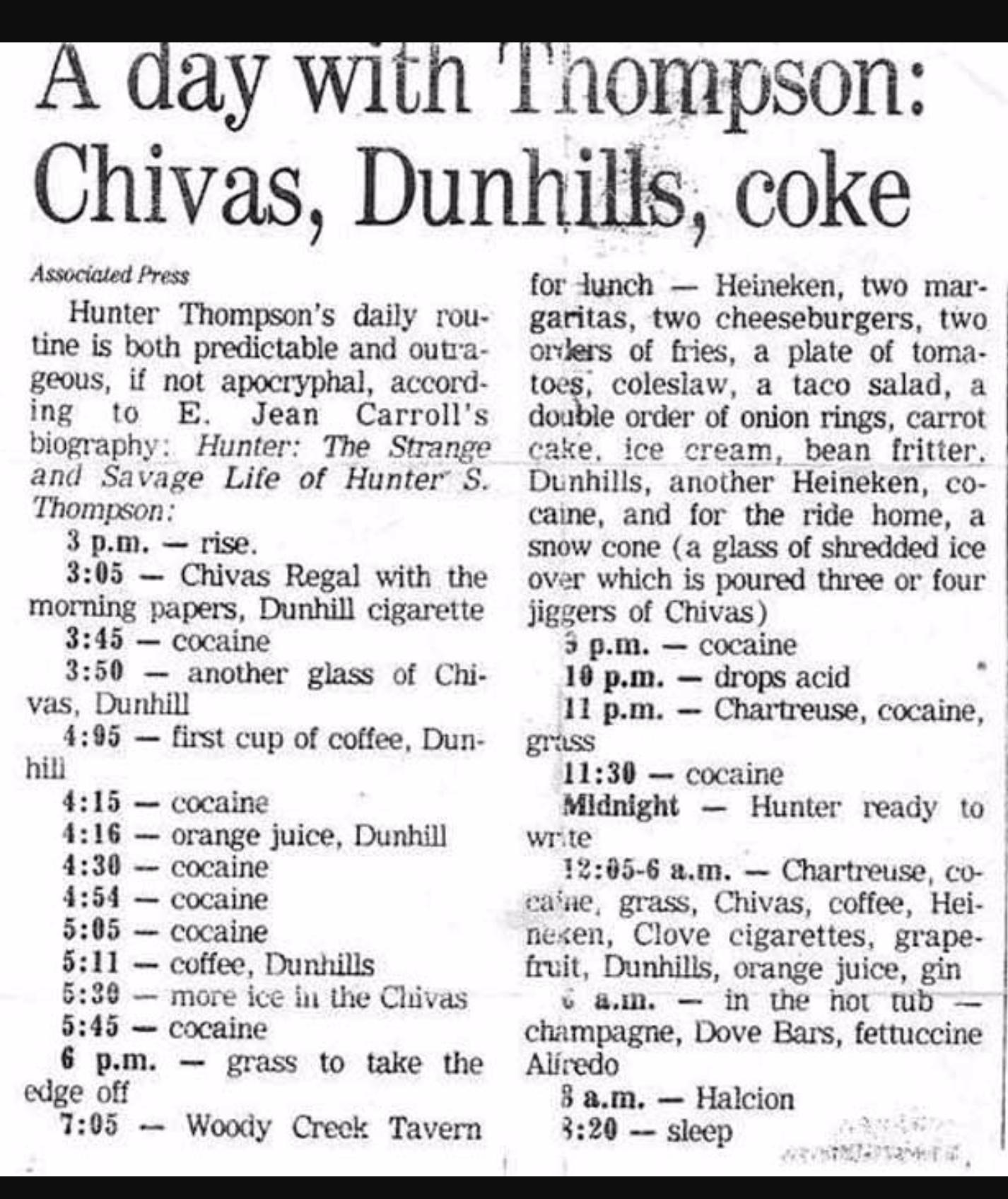 Hunter S. Thompson's daily routine was 
