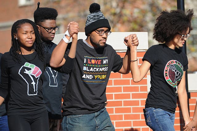 Missouri student, Jonathan Butler, greeted by crowds of students on campus after a 7-day hunger strike in November 2015. Racial tensions have been growing on US campuses.
