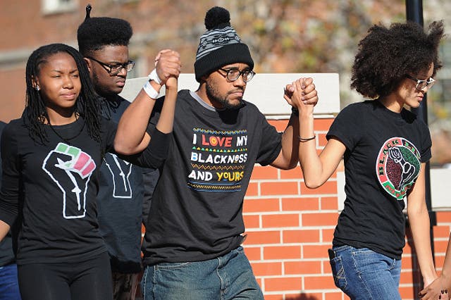 Missouri student, Jonathan Butler, greeted by crowds of students on campus after a 7-day hunger strike in November 2015. Racial tensions have been growing on US campuses.