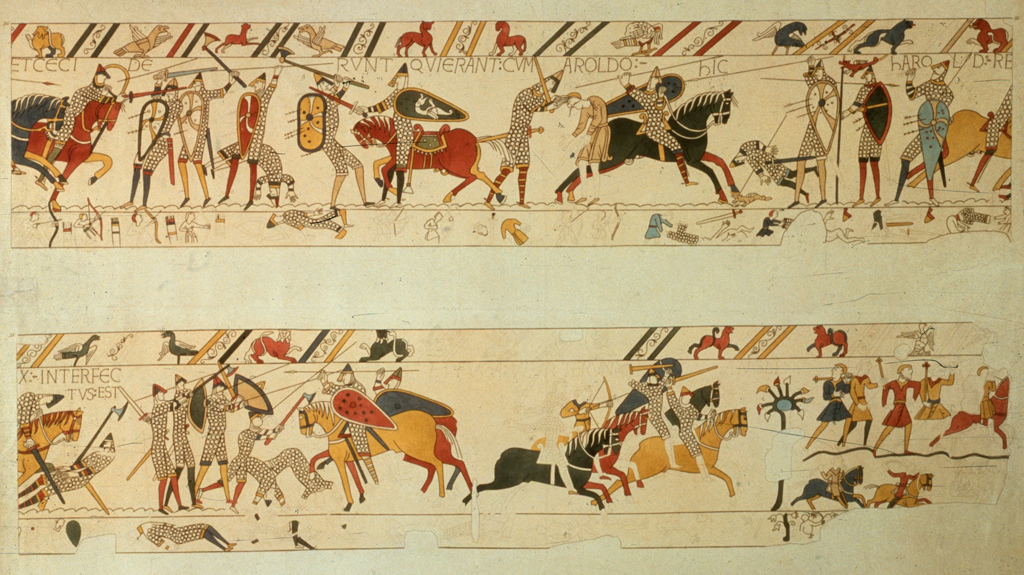 A section of the Bayeaux Tapestry showing the death of Harold II