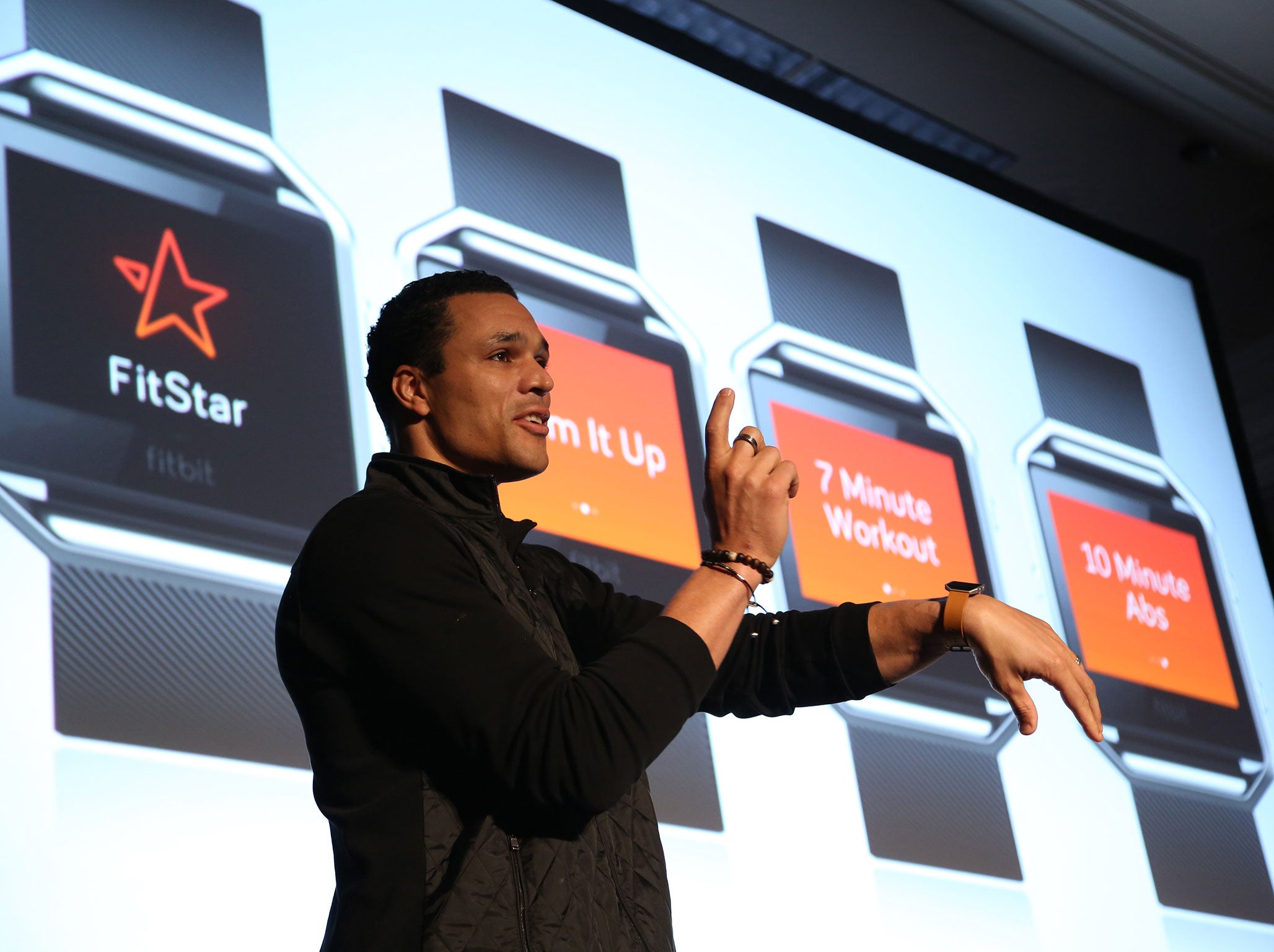 Television sports analyst and former NFL player Tony Gonzalez talks about the new FitBit Blaze at a press conference on CES Press Day, January 5, 2016 in Las Vegas, Nevada ahead of the CES 2016 Consumer Electronics Show.