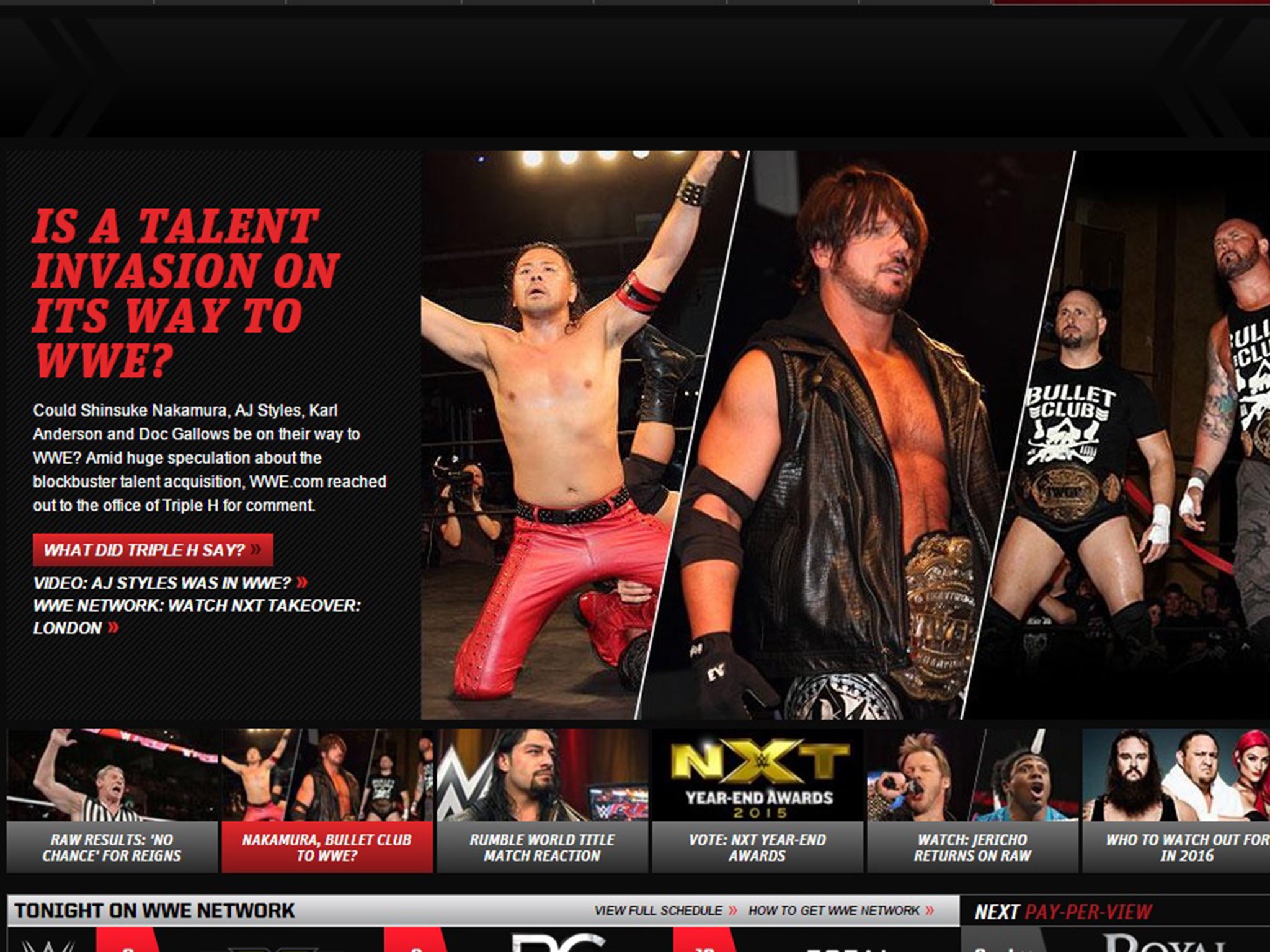 A screen grab of the WWE's website adverting the story