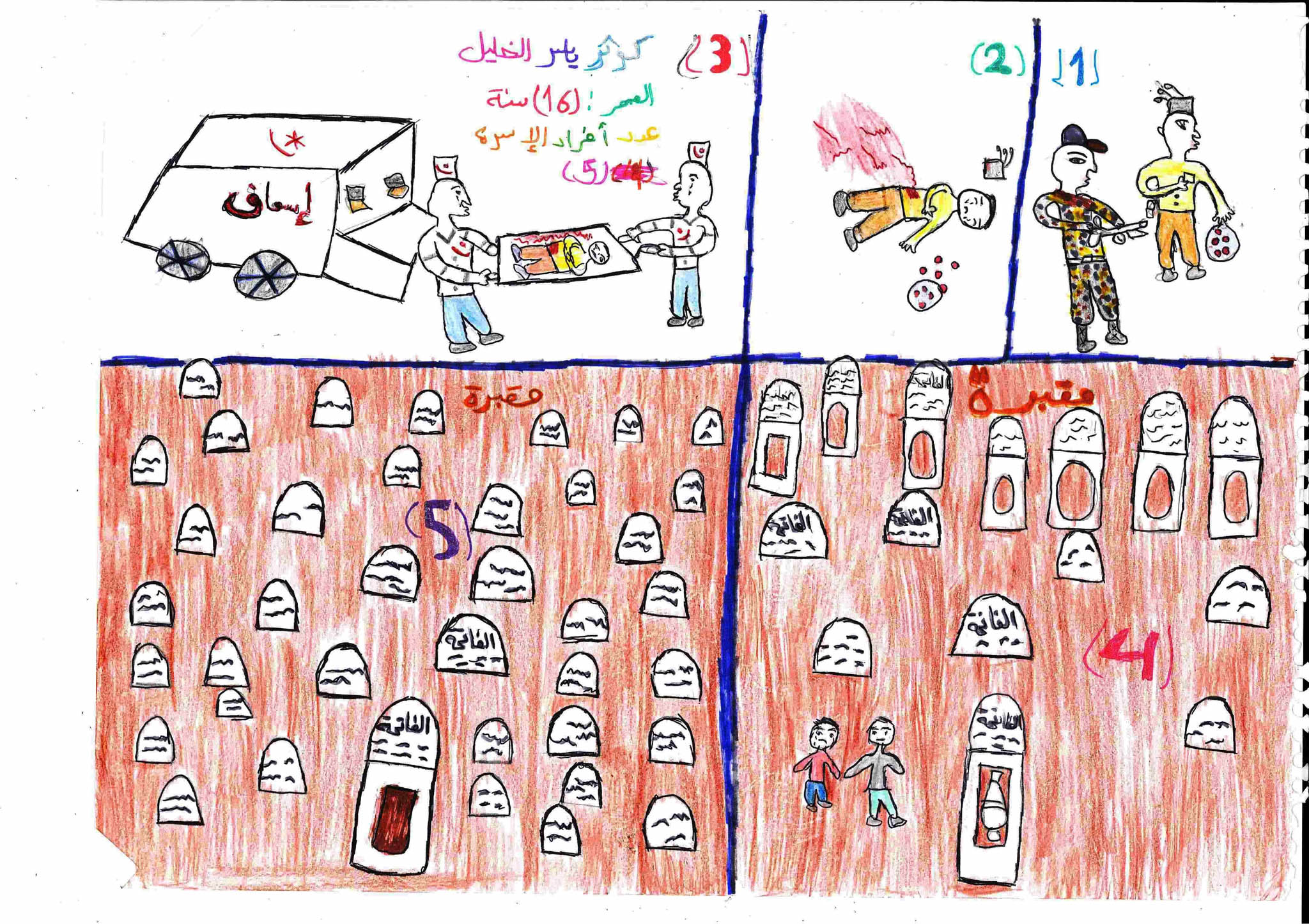 A drawing by a young bride Tasnin Al-Khalil, 15, shows children playing, then war starts and people die