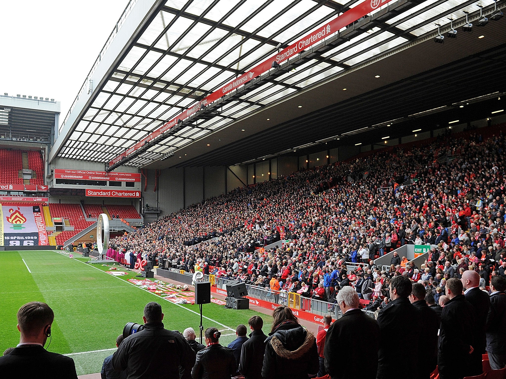 The Kop stand during the memorial service marking the 26th anniversary of the Hillsborough Disaster, at Anfield Stadium (Getty)