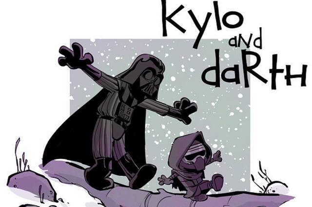 Darth Vader and Kylo Ren rendered in the style of Calvin and Hobbes