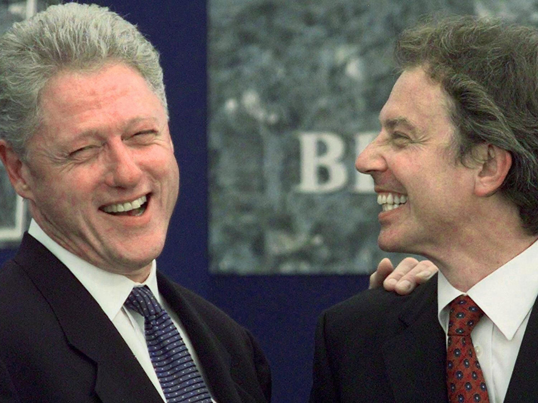 US President Bill Clinton with Prime Minister Tony Blair in Belfast, Northern Ireland, in September 1998