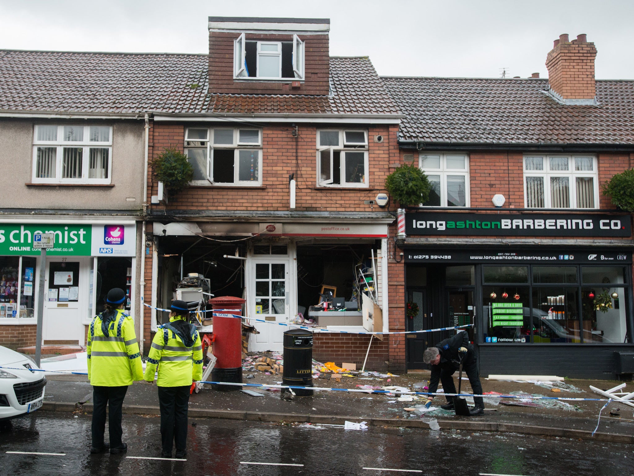 General view of the scene at the blown-up Post Office in Long Ashton, Bristol, England. January 4 2015