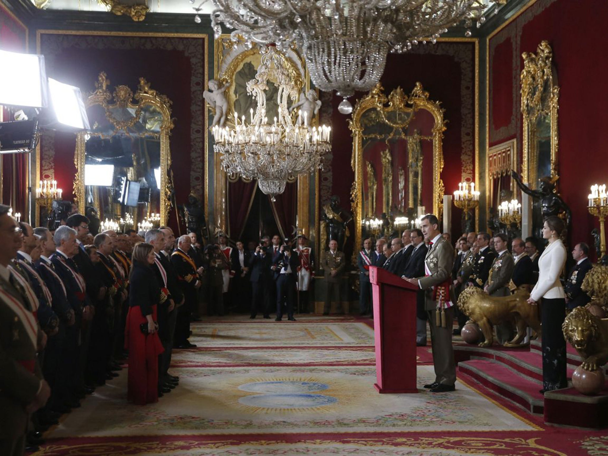 Spain’s King Felipe VI speaks at the Royal Palace in Madrid