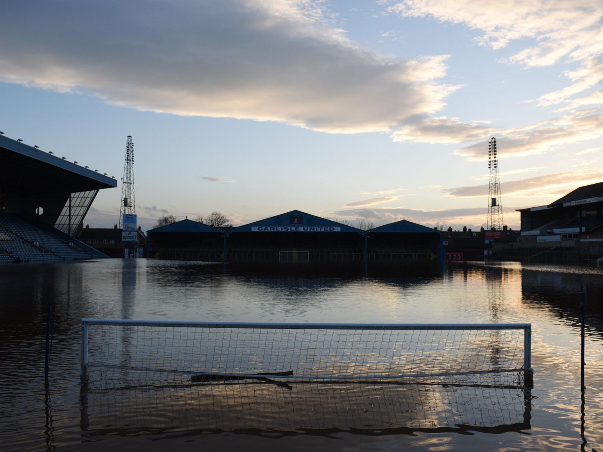 Carlisle United’s Brunton Park ground under water after Storm Desmond