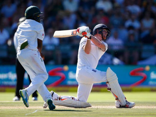 Ben Stokes flays the South African bowling on his way to 258 at Newlands on Sunday