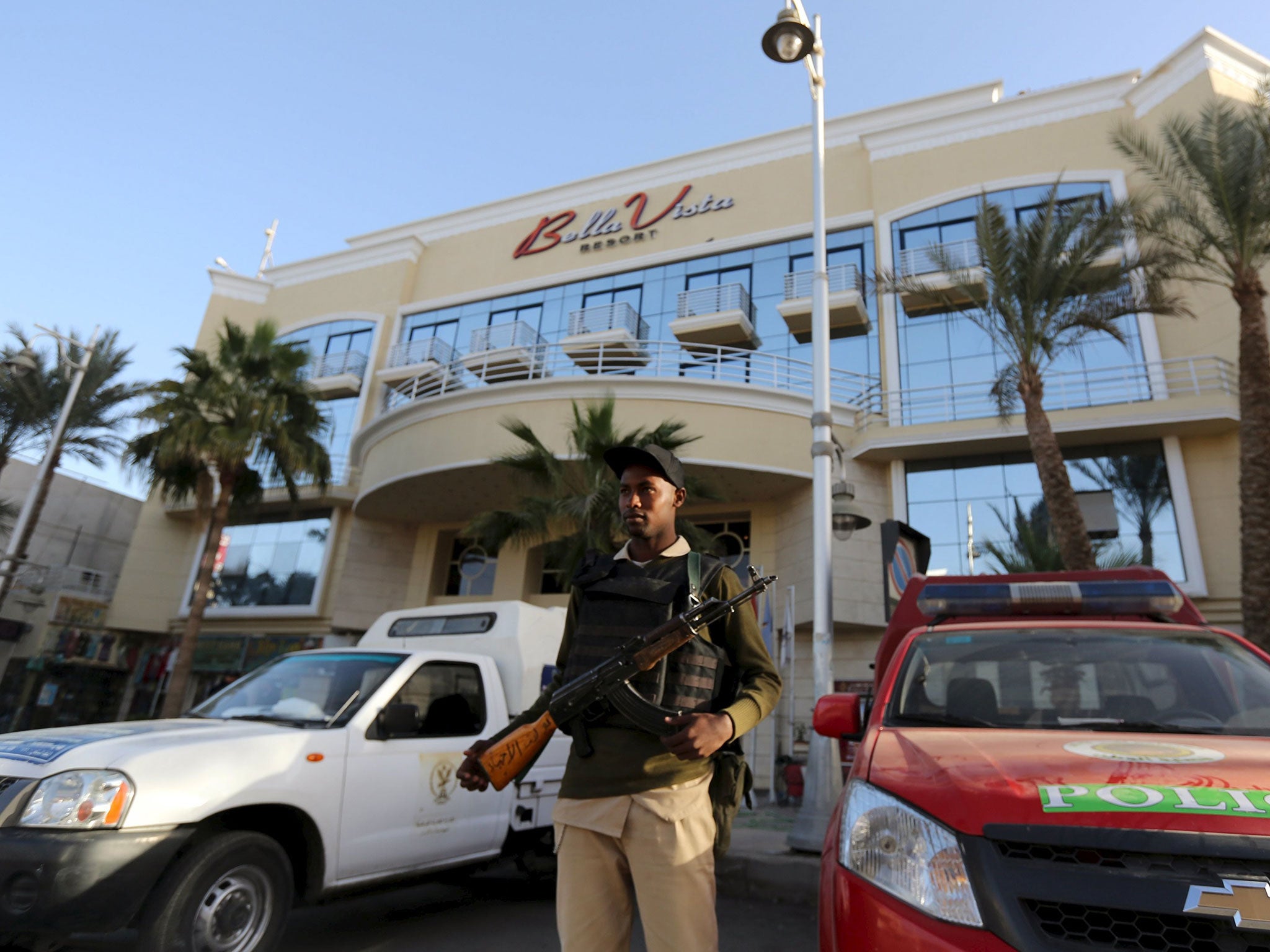 A member of the Egyptian security stands guard in front of the entrance to Bella Vista Hotel in the Red Sea resort of Hurghada, Egypt, January 9, 2016.
