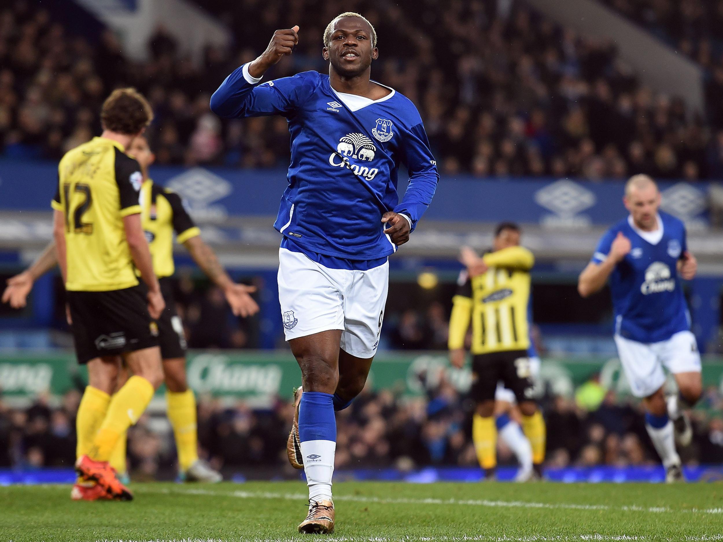 Arouna Kona celebrates his goal against Degenham and Redbridge in the FA Cup