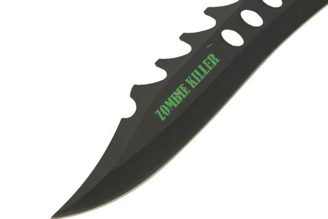 The 'Fiendish Zombie Killer Bowie Knife' is one of the many Zombie Killer branded knives currently available on the internet from UK retailers