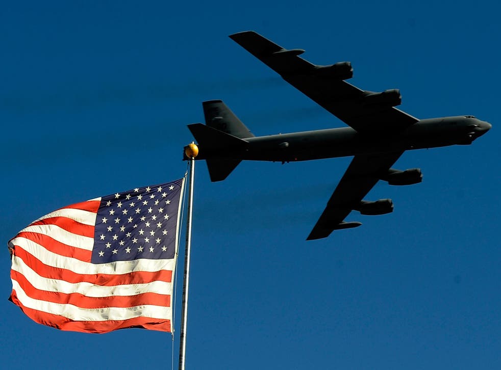 A B-52 bomber performs a flyover in Forth Worth, Texas