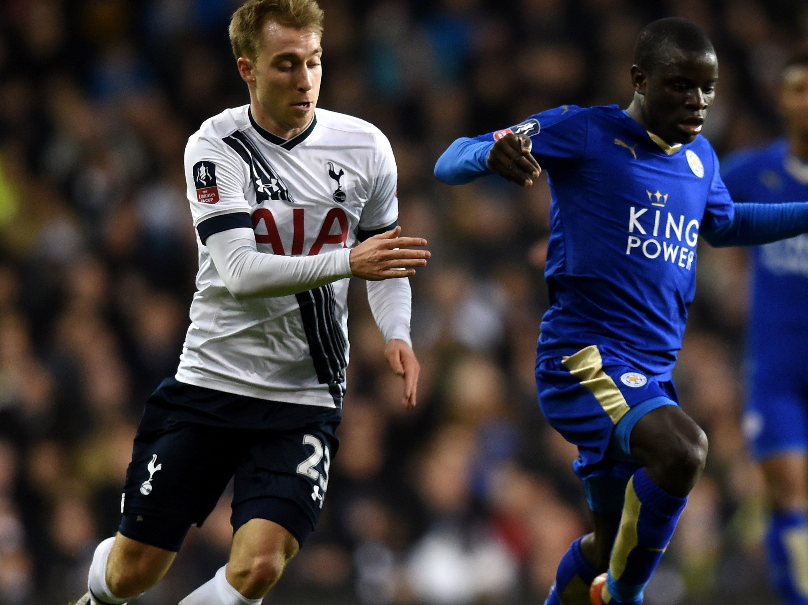 &#13;
N'Golo Kante jostles with Christian Eriksen&#13;