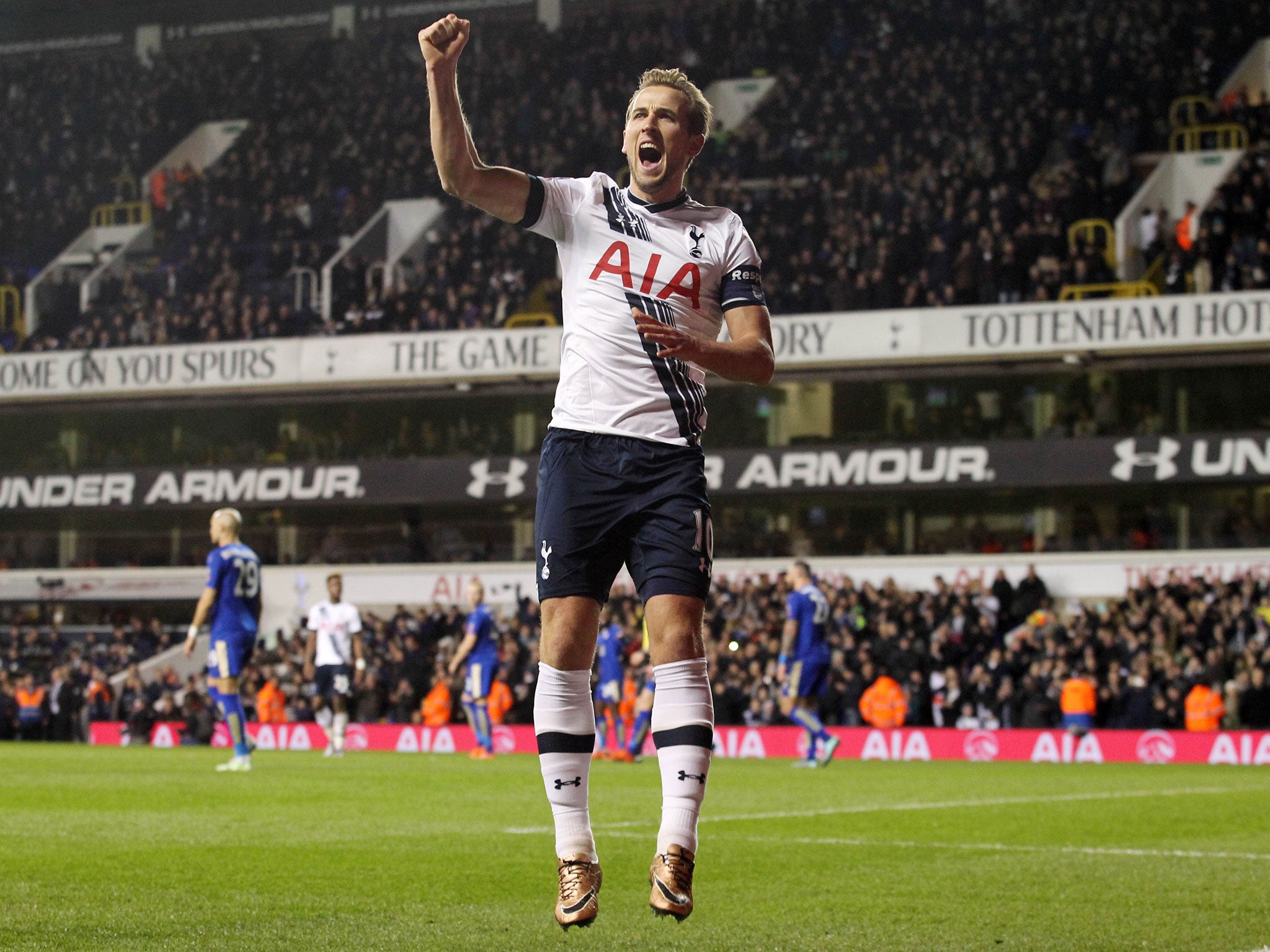 Harry Kane celebrates his goal against Leicester