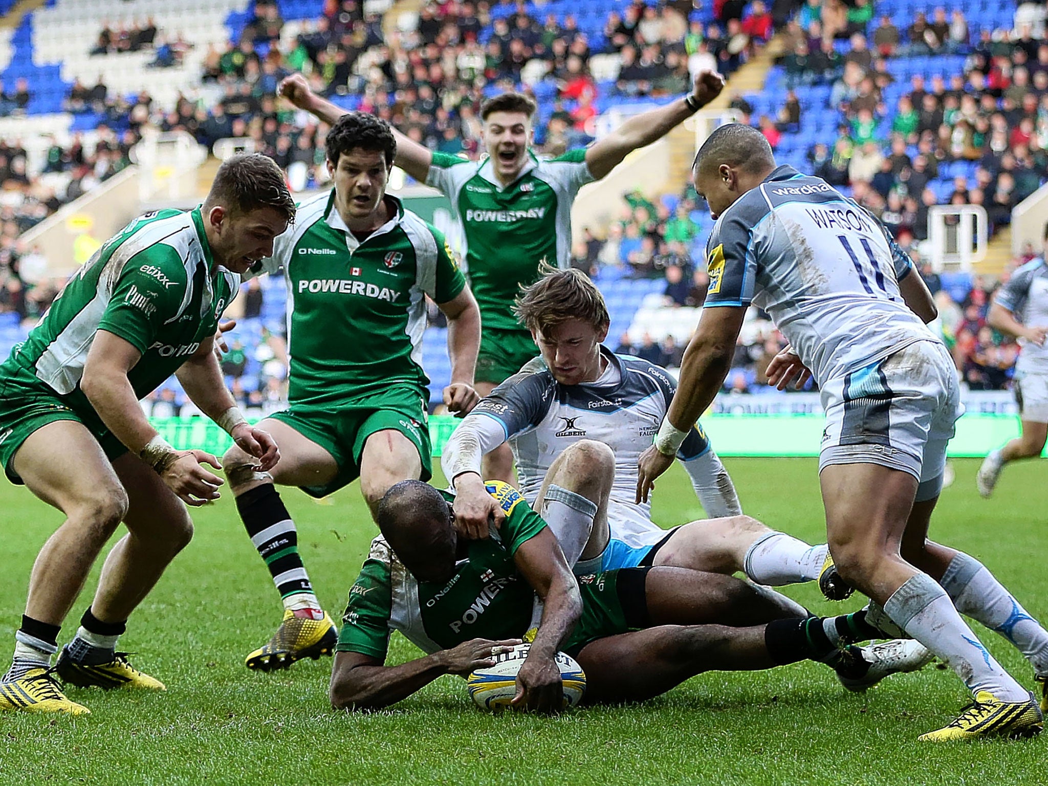 Topsy Ojo touches down Shane Geraghty’s kick for London Irish’s second try