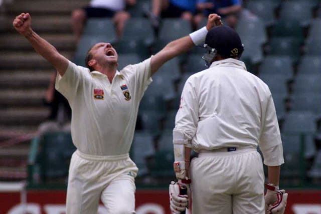 Allan Donald celebrates after bowling Mike Atherton for a duck during the first day of the first Test at the Wanderers in 1999
