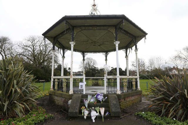 Flowers and tributes lie at the bandstand in Beckenham where David Bowie played at a free festival in 1969