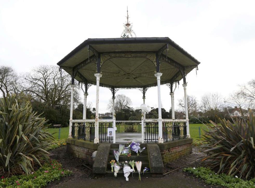Flowers and tributes lie at the bandstand in Beckenham where David Bowie played at a free festival in 1969