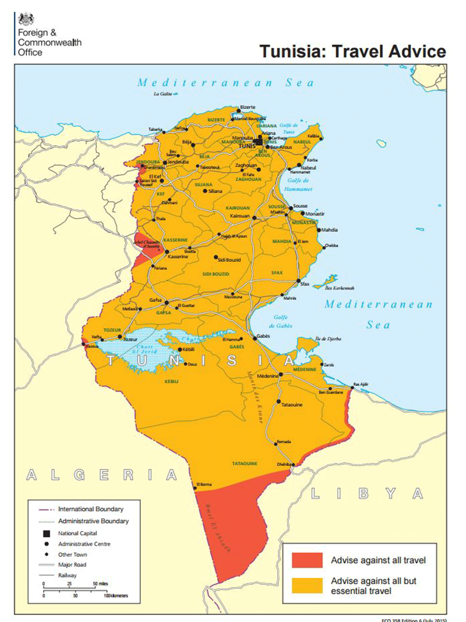 All of Tunisia is advised against for all but essential travel, the FCO says