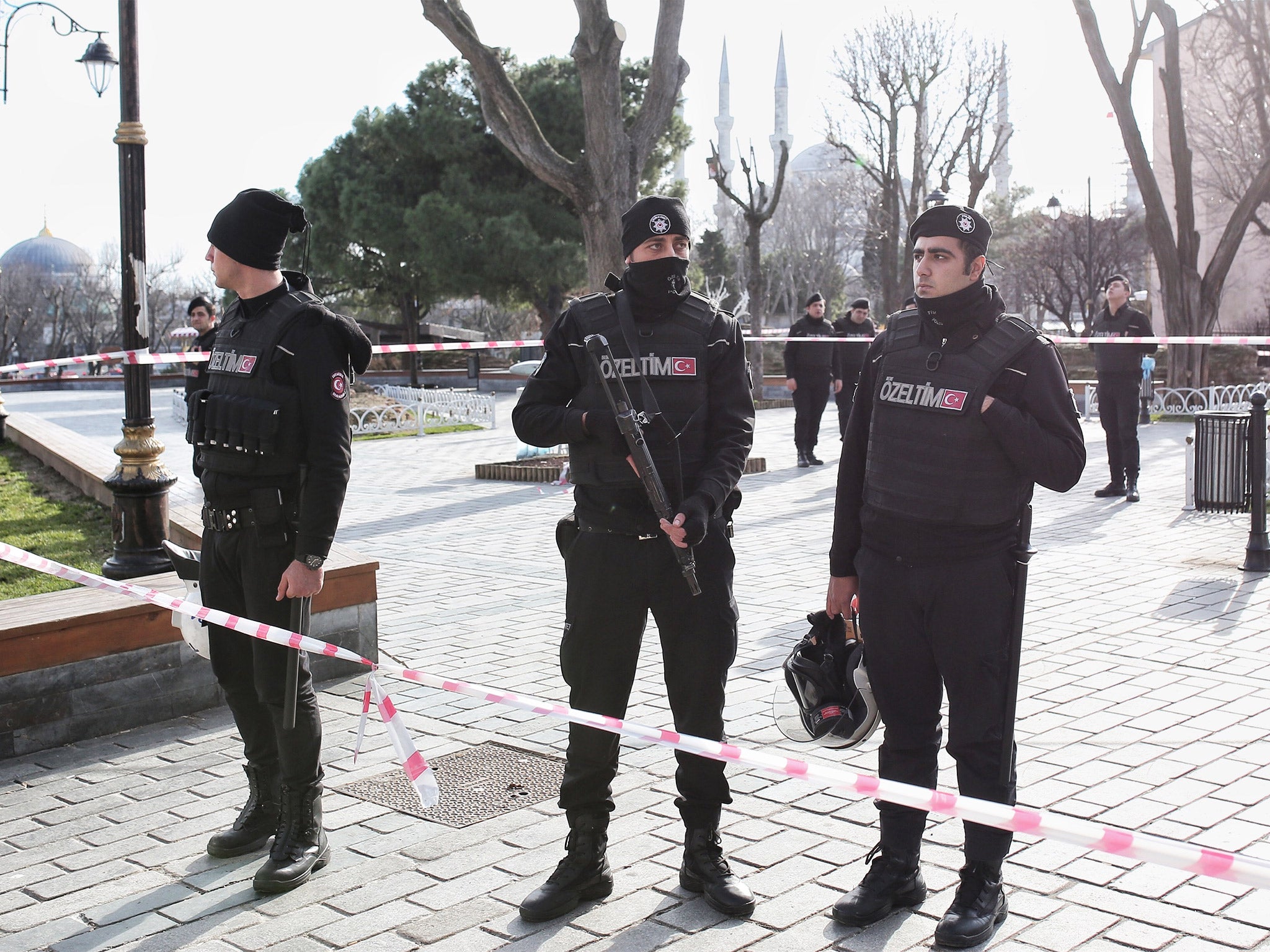 Turkish police secure the area after an explosion in the Sultanahmet district of Istanbul