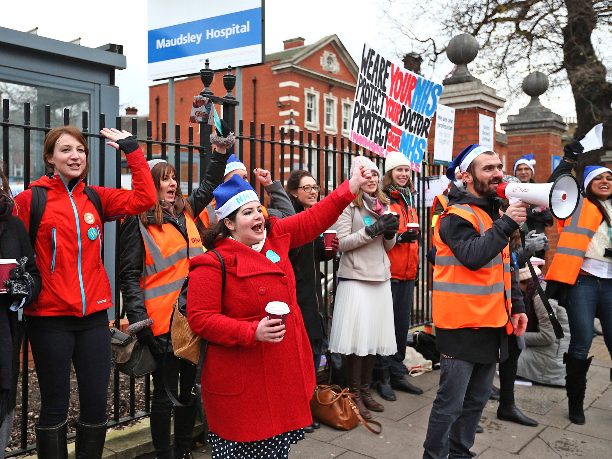 Junior doctors and staff members picket outside Maudsley Hospital