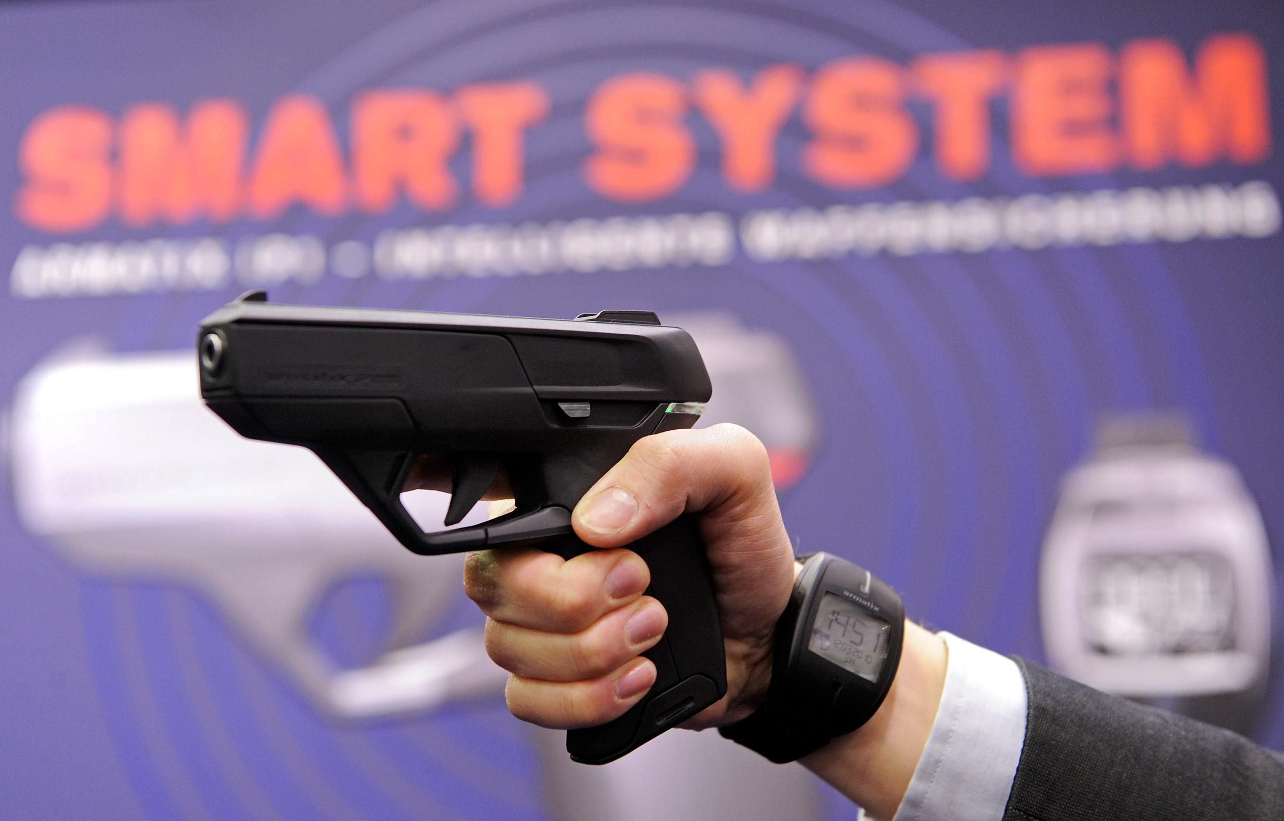 This pistol can only be fired when being held by someone wearing an electronic smartwatch