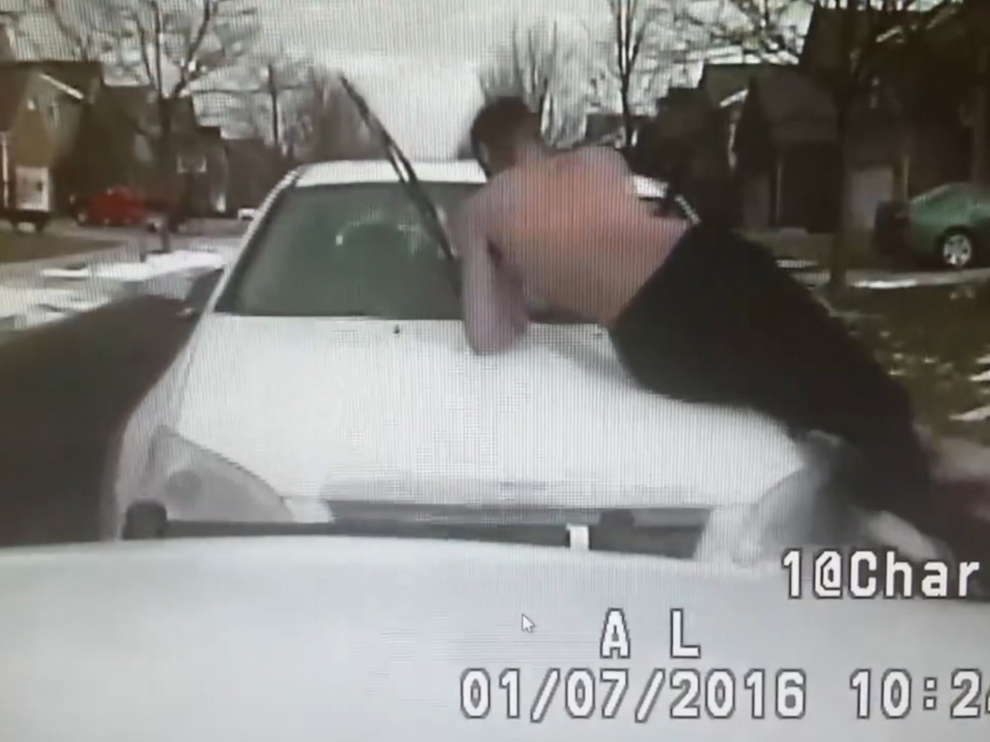Video shows man clinging onto car bonnet as vehicle collides with police car in Michigan