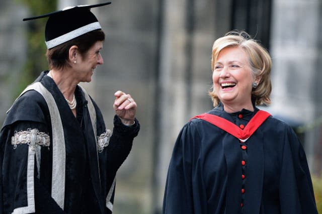 Louise Richardson, left, former principal and vice-chancellor at St Andrews University, with Hillary Clinton in 2013