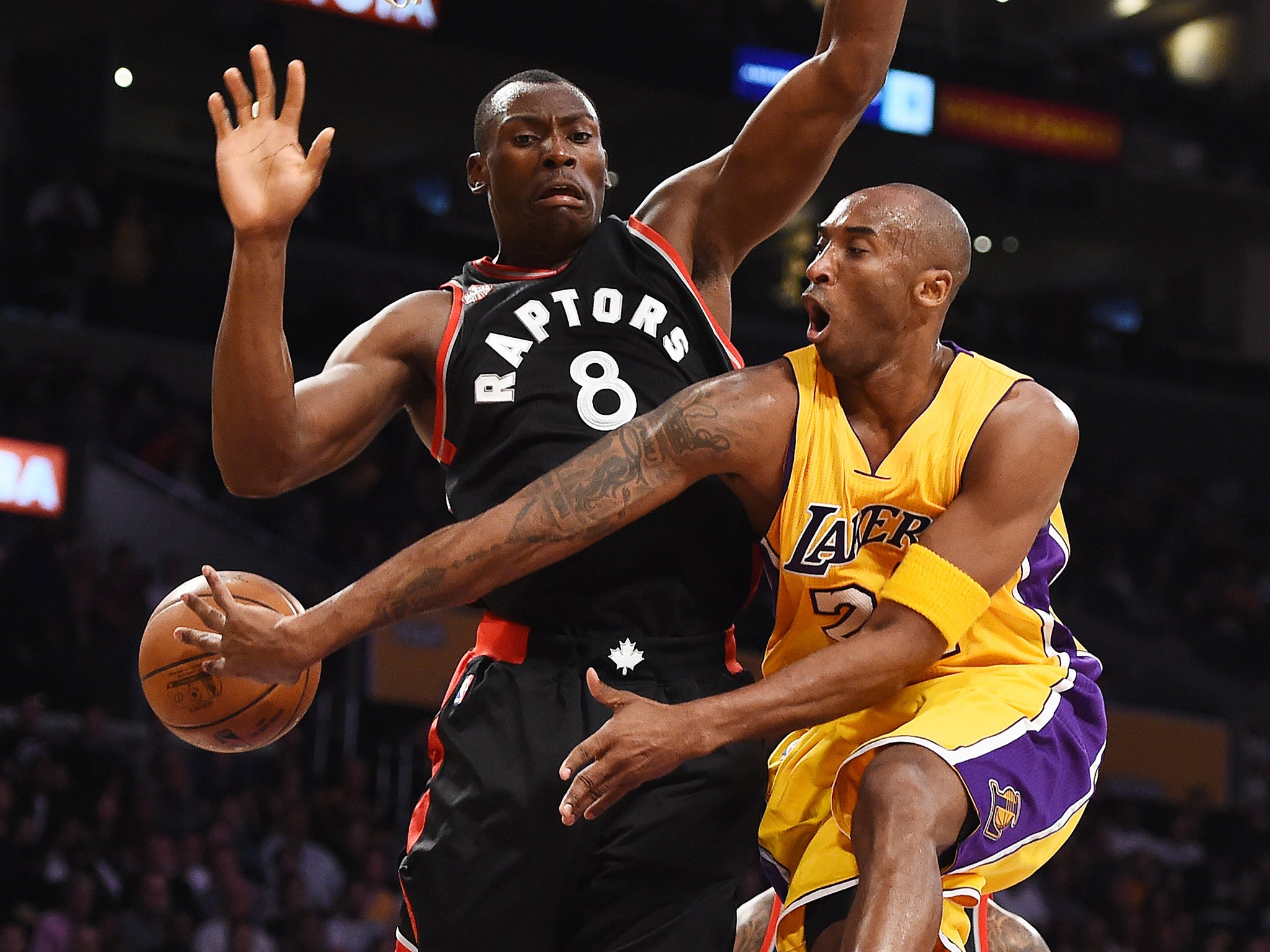 The Congolese tower guards Lakers star Kobe Bryant